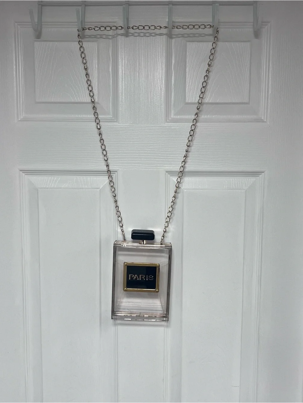 Clear Paris Perfume Bottle Cross Body Purse - Gold & Black Accents